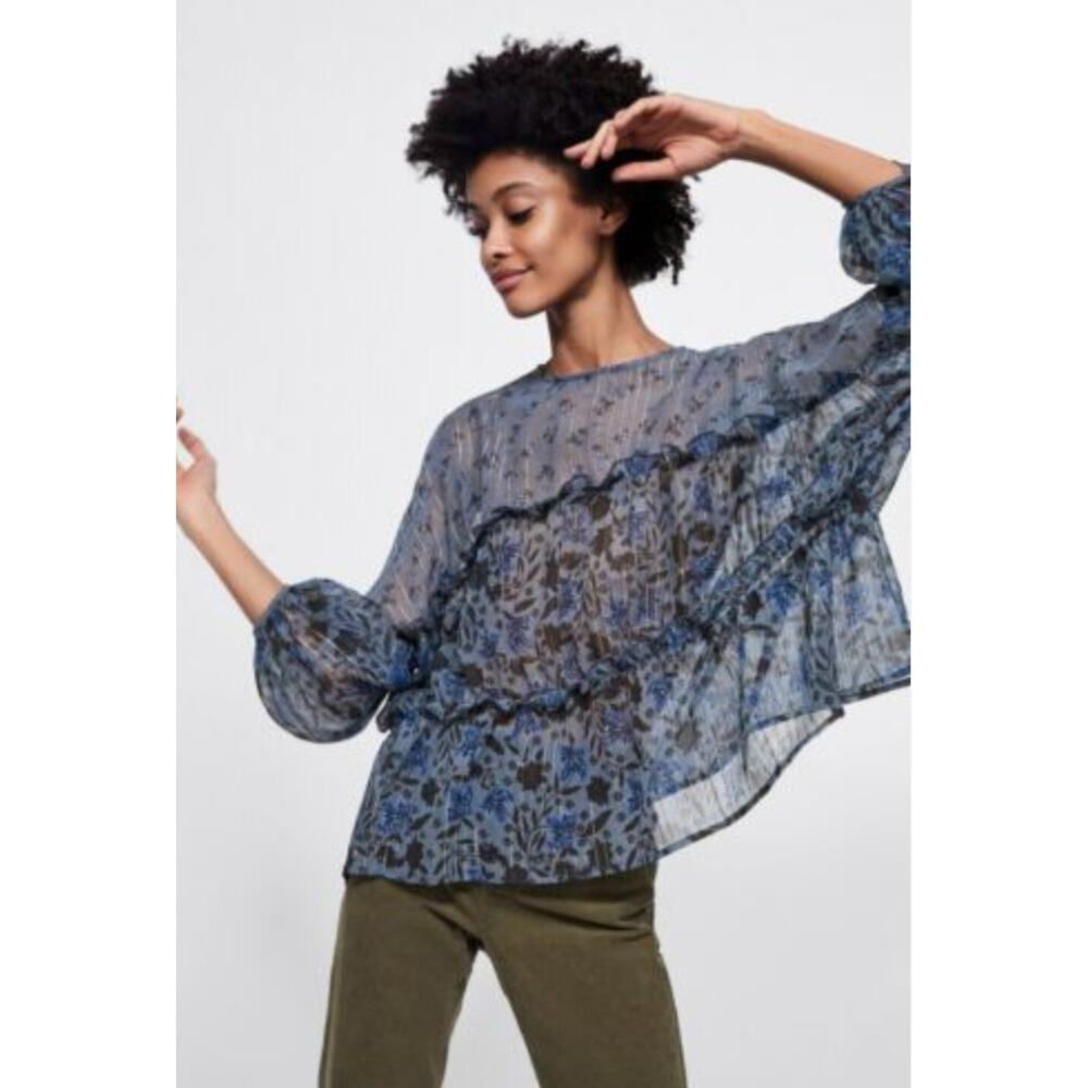 Zara Womens SZ‎ S Semi Sheer Ruffle Top Floral Blouse Blue Peasant Oversized